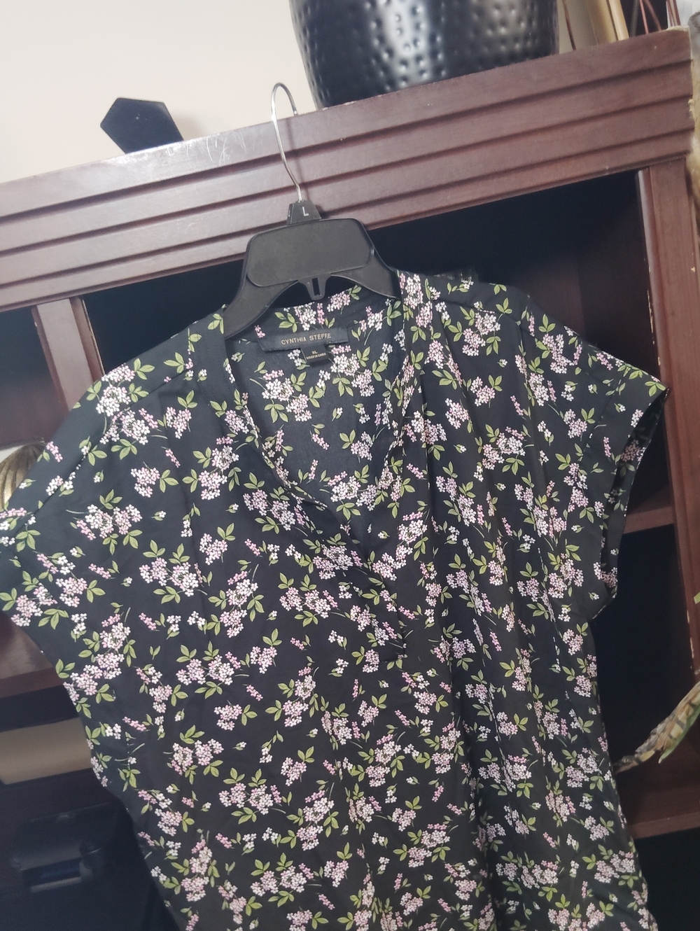 Cynthia Steffe Black V-Neck Floral Top with Pink Blossoms and Green Leaves
